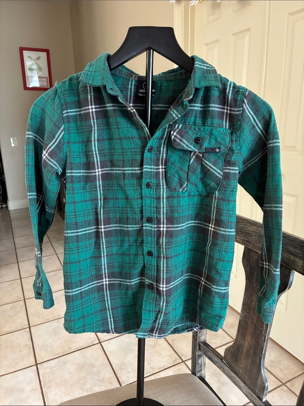 Volcom Green and Black Plaid Button-Down Shirt
